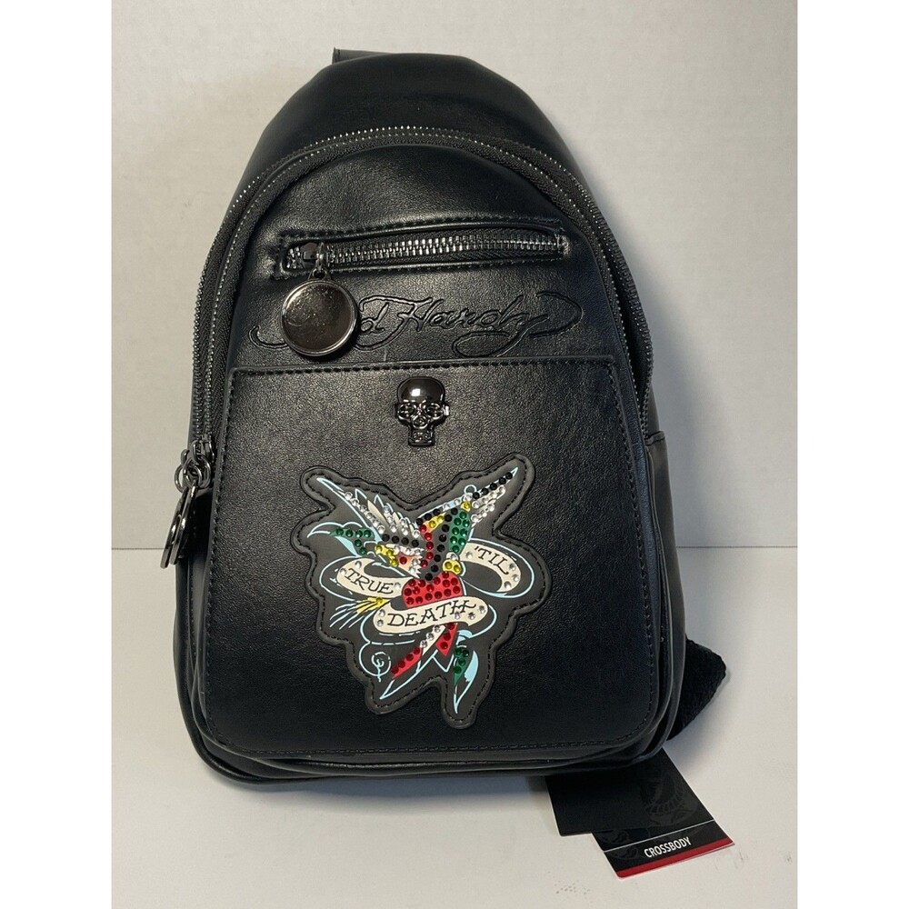 Ed Hardy Men's Black Rhinestone Eagle Heart Small Crossbody Bag